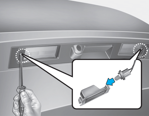 Hyundai i-20 Manuel de l'utilisateur : Remplacement de l'ampoule de  l'éclairage de la plaque d'immatriculation : Ampoules